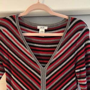 Cache V-Neck Sweater - Red, Black, Gray Stripes